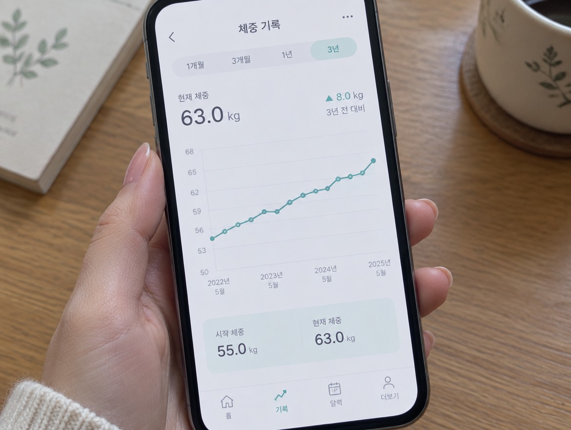 체중 메모 앱, 3년 그래프 55→62.8