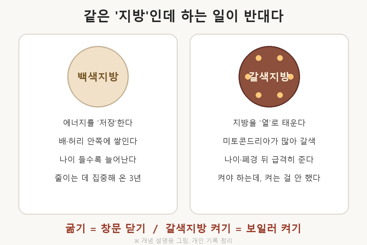 갈색지방과 백색지방 개념 그림, 자체 제작